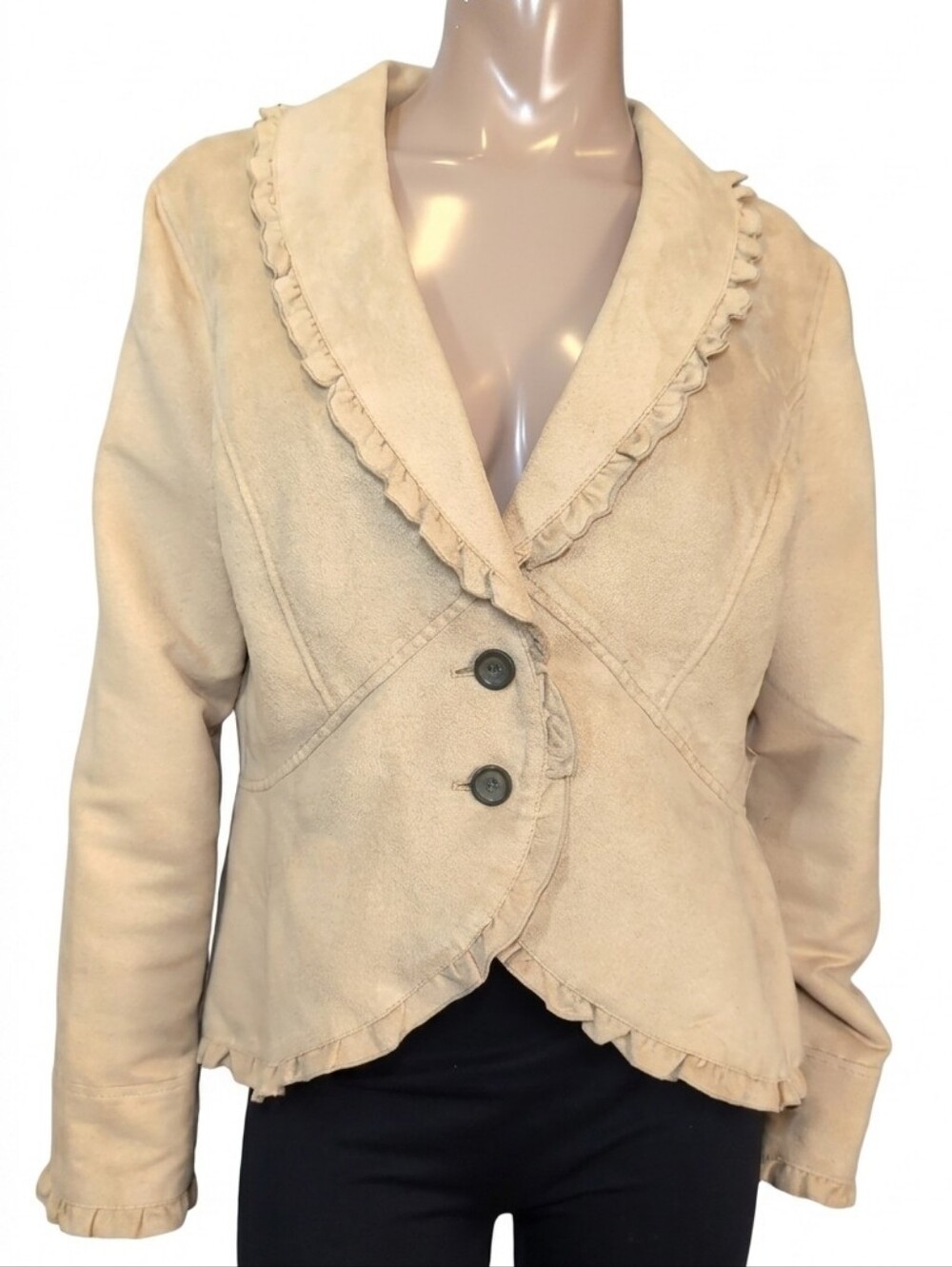 Faded Glory Tan Faux Suede Ruffled Blazer Jacket Womens Size Large (12/14) Fall